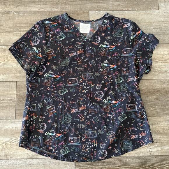 Cherokee Scrubs Smart Stuff Gray V Neck Top Size XL School Nurse Supplies Print - Picture 1 of 7